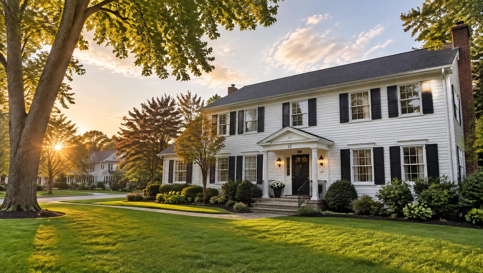 White colonial home with black shutters on a tree-lined New Jersey street at golden hour