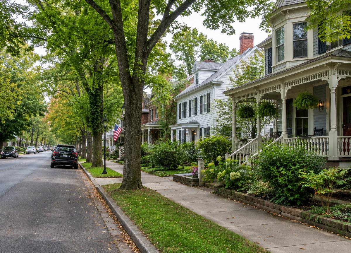 Tree-lined residential street with porches and colonial homes in New Jersey
